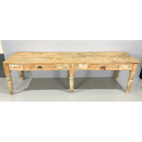 650 - MASSIVE STRIPPED PINE WORK TABLE POSSIBLE RETAIL FITTING HAVING TWO DRAWERS 273cm x 76cm