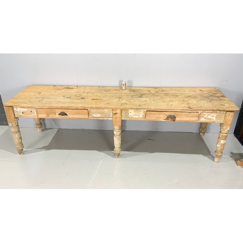 650 - MASSIVE STRIPPED PINE WORK TABLE POSSIBLE RETAIL FITTING HAVING TWO DRAWERS 273cm x 76cm