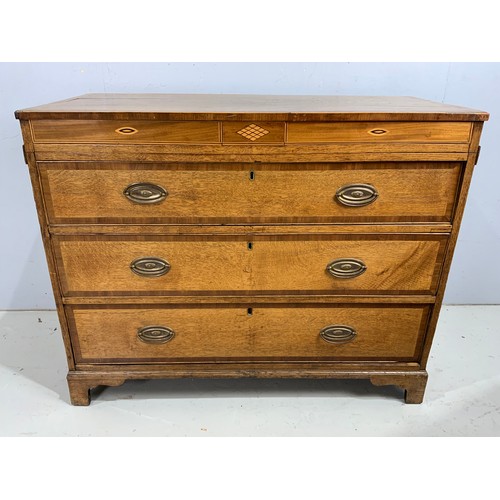 542 - GEORGIAN  INLAID OAK CHEST OF TWO SECRETS DRAWERS OVER THREE DRAWERS WITH BRACKET FEET WIDTH  111cm