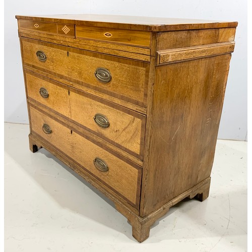 542 - GEORGIAN  INLAID OAK CHEST OF TWO SECRETS DRAWERS OVER THREE DRAWERS WITH BRACKET FEET WIDTH  111cm