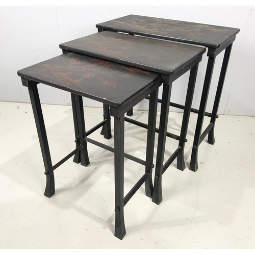 654 - A  NEST OF 3 BLACK LACQUERED CHINOISERIE TABLES