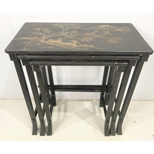 654 - A  NEST OF 3 BLACK LACQUERED CHINOISERIE TABLES