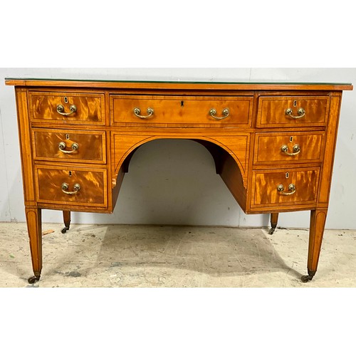 648 - INLAID MAHOGANY BOW FRONT DESK/ DRESSING TABLE, SQUARE TAPERED LEGS WITH CASTERS, APPROX. 115cm