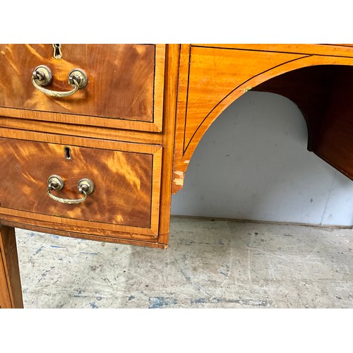 648 - INLAID MAHOGANY BOW FRONT DESK/ DRESSING TABLE, SQUARE TAPERED LEGS WITH CASTERS, APPROX. 115cm