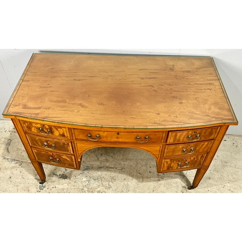 648 - INLAID MAHOGANY BOW FRONT DESK/ DRESSING TABLE, SQUARE TAPERED LEGS WITH CASTERS, APPROX. 115cm