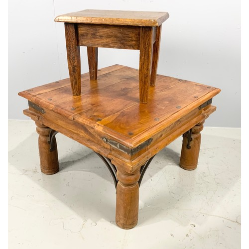 583 - INDONESIAN SQUARE TOP OCCASIONAL TABLE TOGETHER WITH A SMALL STOOL