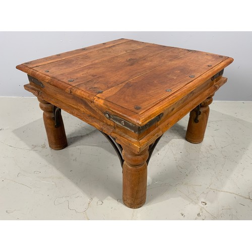 583 - INDONESIAN SQUARE TOP OCCASIONAL TABLE TOGETHER WITH A SMALL STOOL