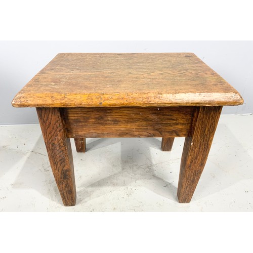 583 - INDONESIAN SQUARE TOP OCCASIONAL TABLE TOGETHER WITH A SMALL STOOL