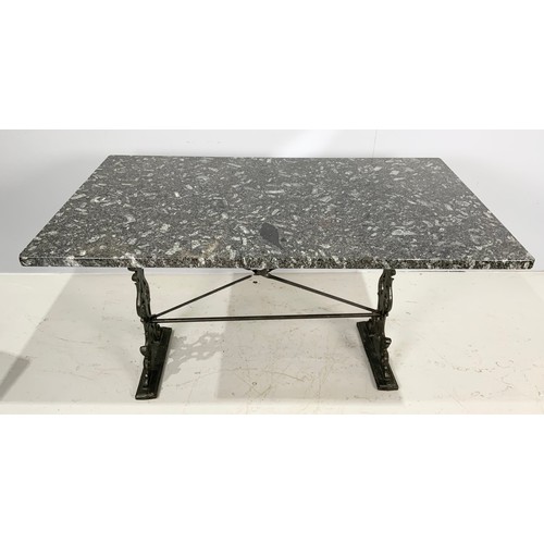 553 - MARBLE TOP TABLE ON ORNATE CAST METAL BASE 135cm x 80cm