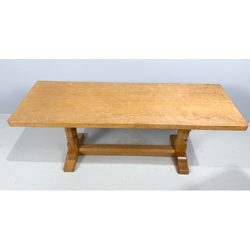 617 - WORKSHOP OF ROBERT MOUSEMAN THOMPSON (KILBURN): AN ENGLISH OAK 4FT RECTANGULAR COFFEE TABLE, ON TWO ... 