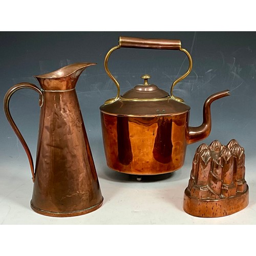 309 - JOSEPH SANKEY AND SON CONICAL COPPER JUG TOGETHER WITH A COPPER KETTLE AND A JELLY MOULD