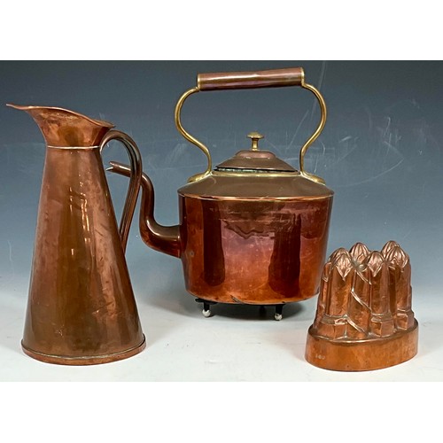 309 - JOSEPH SANKEY AND SON CONICAL COPPER JUG TOGETHER WITH A COPPER KETTLE AND A JELLY MOULD