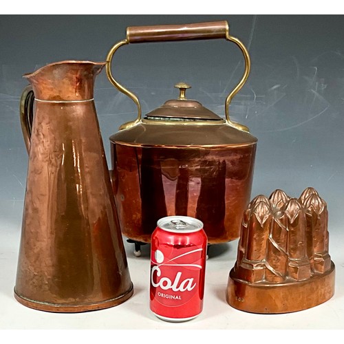 309 - JOSEPH SANKEY AND SON CONICAL COPPER JUG TOGETHER WITH A COPPER KETTLE AND A JELLY MOULD