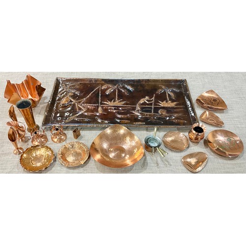 312 - LARGE RELIEF DECORATED RECTANGULAR AFRICAN COPPER TRAY 91 x 48cm AND OTHER AFRICAN COPPER-WARE