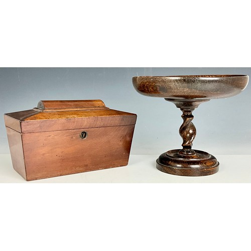 328 - TEA CADDY AND TREEN DISH ON TURNED PEDESTAL