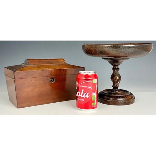 328 - TEA CADDY AND TREEN DISH ON TURNED PEDESTAL