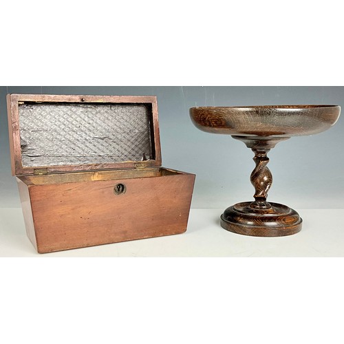 328 - TEA CADDY AND TREEN DISH ON TURNED PEDESTAL