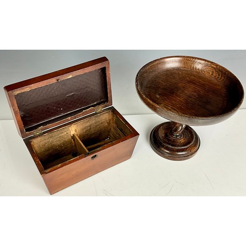 328 - TEA CADDY AND TREEN DISH ON TURNED PEDESTAL