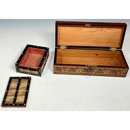 331 - BOX WITH TUNBRIDGE WARE FLORAL DECORATION HAVING HINGED LID WITH KEY AND A PORCUPINE QUILL BOX