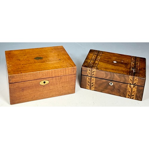 332 - MAHOGANY KNEE DESK/ WRITING BOX AND ONE OTHER BOX WITH GEOMETRIC TUNBRIDGE DECORATION