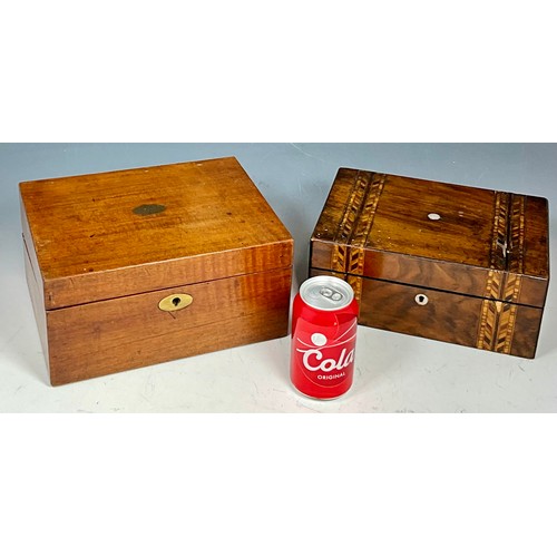 332 - MAHOGANY KNEE DESK/ WRITING BOX AND ONE OTHER BOX WITH GEOMETRIC TUNBRIDGE DECORATION