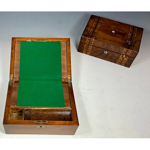 332 - MAHOGANY KNEE DESK/ WRITING BOX AND ONE OTHER BOX WITH GEOMETRIC TUNBRIDGE DECORATION