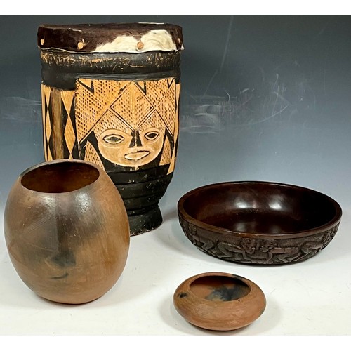 338 - AFRICAN DRUM, CARVED WOODEN BOWL AND TWO TERRACOTTA POTS