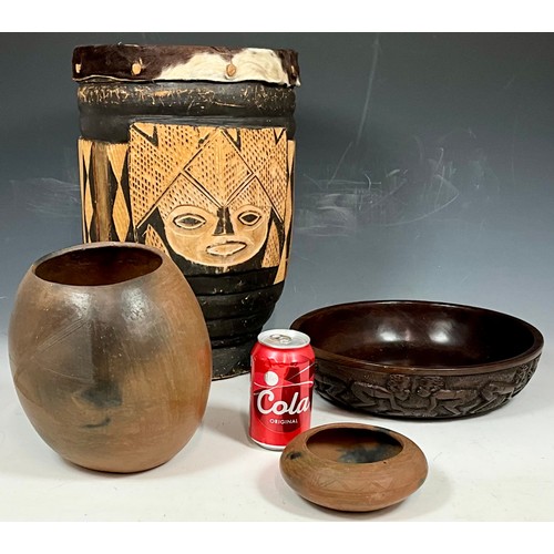 338 - AFRICAN DRUM, CARVED WOODEN BOWL AND TWO TERRACOTTA POTS