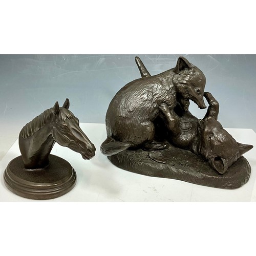 340 - J RYNHART – A LIMITED EDITION – HORSE HEAD RESIN ON PLINTH TOGETHER WITH J RYNHART STUDY OF TWO FOX ... 