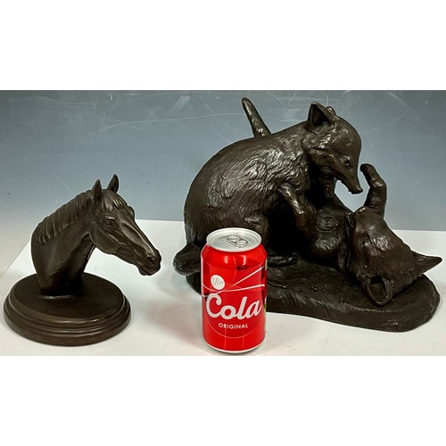 340 - J RYNHART – A LIMITED EDITION – HORSE HEAD RESIN ON PLINTH TOGETHER WITH J RYNHART STUDY OF TWO FOX ... 