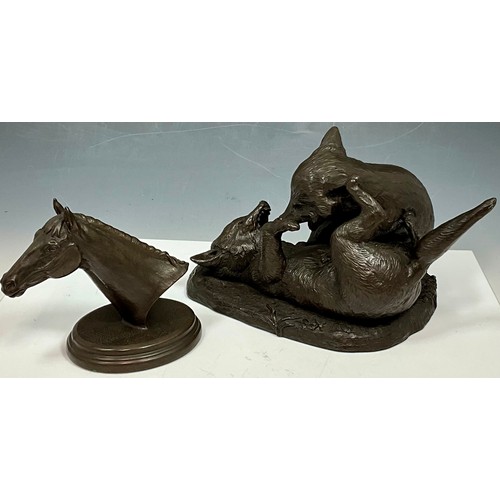 340 - J RYNHART – A LIMITED EDITION – HORSE HEAD RESIN ON PLINTH TOGETHER WITH J RYNHART STUDY OF TWO FOX ... 