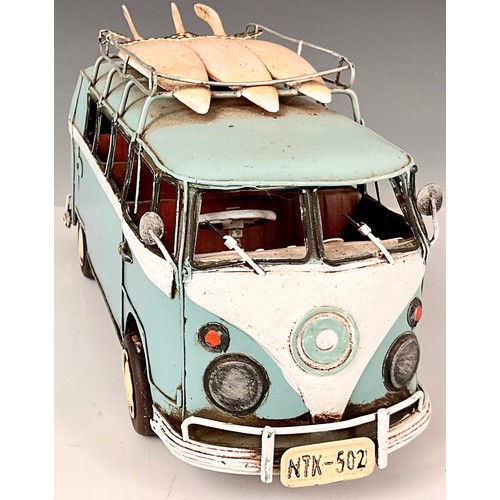 345 - MODERN TIN PLATE MODEL OF A VOLKSWAGEN (VW) CAMPER/SURF BUS. Approx. 33 x 12 x 16cm