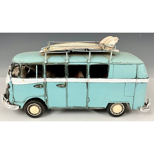 345 - MODERN TIN PLATE MODEL OF A VOLKSWAGEN (VW) CAMPER/SURF BUS. Approx. 33 x 12 x 16cm