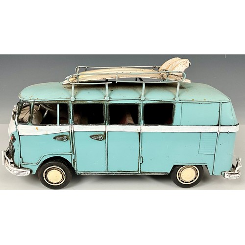 345 - MODERN TIN PLATE MODEL OF A VOLKSWAGEN (VW) CAMPER/SURF BUS. Approx. 33 x 12 x 16cm