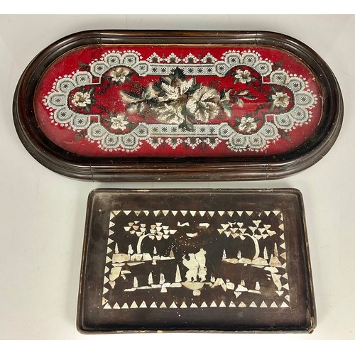 355 - MOTHER OF PEARL INLAID TRAY TOGETHER WITH A BEAD WORK DITTO