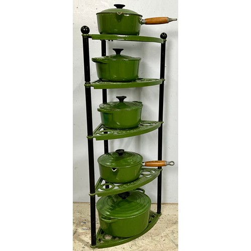 380 - LE CREUSET GREEN PAN AND CASSEROLE SET ON STAND