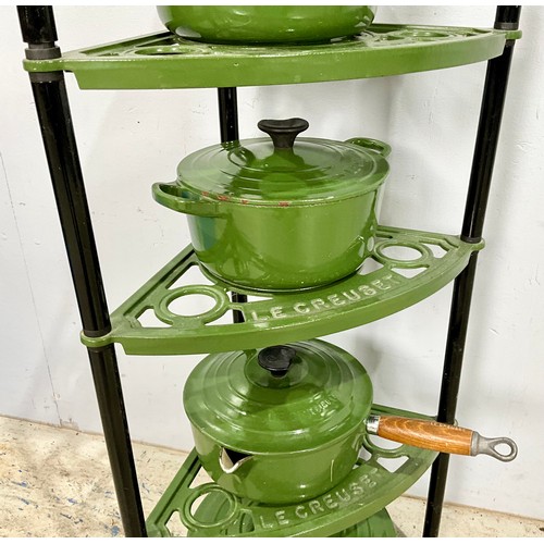 380 - LE CREUSET GREEN PAN AND CASSEROLE SET ON STAND