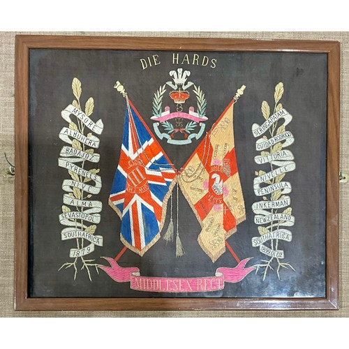 367 - MIDDLESEX REGIMENT BATTLE HONOURS FRAMED EMBROIDERED PANEL