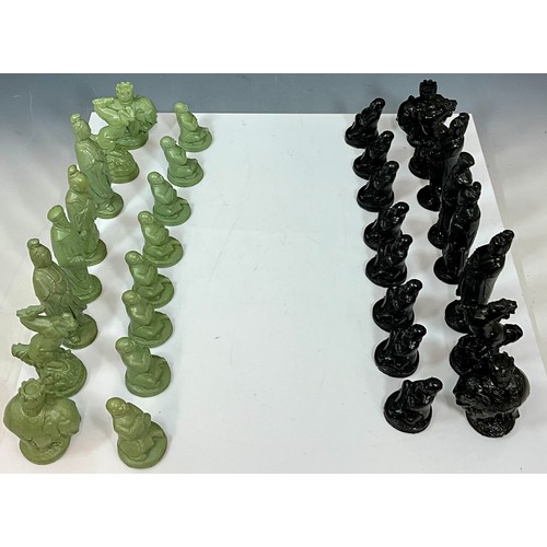 423 - LARGE MODERN MANDARIN CHESS PIECES SET IN BLACK AND JADE GREEN. Tallest Figure Approx. 17cm, Largest... 