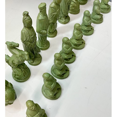 423 - LARGE MODERN MANDARIN CHESS PIECES SET IN BLACK AND JADE GREEN. Tallest Figure Approx. 17cm, Largest... 