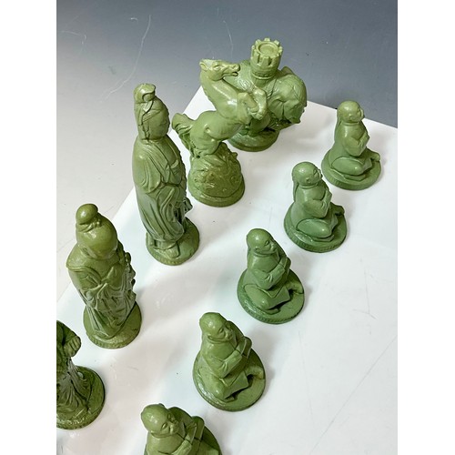 423 - LARGE MODERN MANDARIN CHESS PIECES SET IN BLACK AND JADE GREEN. Tallest Figure Approx. 17cm, Largest... 