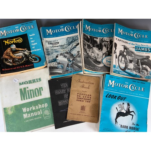 21 - MORRIS MINOR WORKSHOP MANUAL, MOTORCYCLE MAGAZINES 1955 6 COPIES, 1956 45 COPIES, 1957 23 COPIES