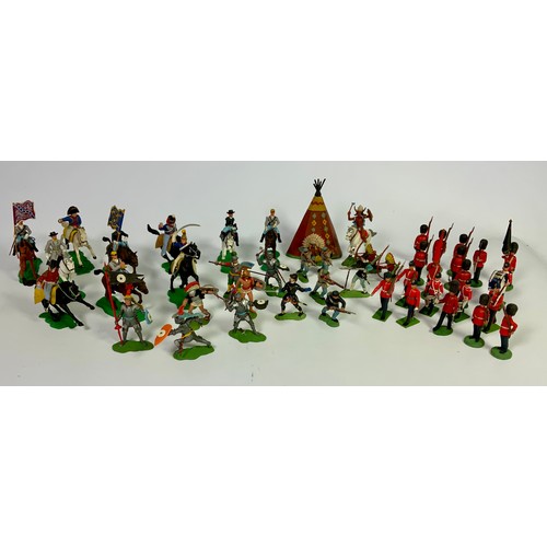 76 - LARGE TRAY OF PLASTIC BRITAINS & SIMILAR MILITARY, GUARDS REGIMENTS, WILD WEST ETC.