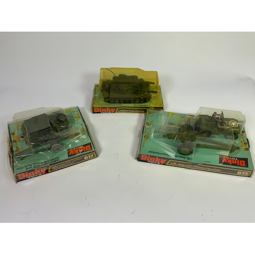 157 - DINKY TOYS, 3 LARGE PLASTIC BOXED MILITARY MODELS, 615 US JEEP WITH 105MM HOWITZER, 617 VOLKSWAGEN K... 