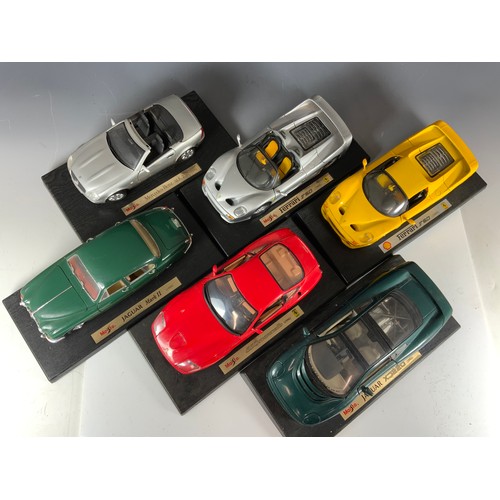 124 - MAISTO, 6 LARGE SCALE 1:18 CARS, ALL U/B, MERCEDES BENZ SLK 230, JAGUAR MK II, 550 MARCELLO, JAGUAR ... 