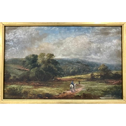 18 - GILT FRAMED OIL ON CANVAS DEPICTING A MAN ON HORSEBACK RURAL SCENE 39 x 24cm T/W AN ETHEL FOWLER WAT... 