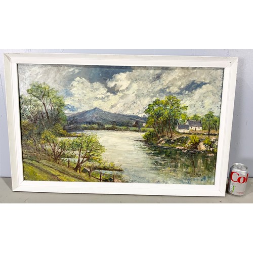 16 - 2 OILS ON BOARD, ONE INDISTINCTLY SIGNED, POSSIBLY M.COWIE DEPICTING RURAL SCENE WITH RIVER, MOUNTAI... 