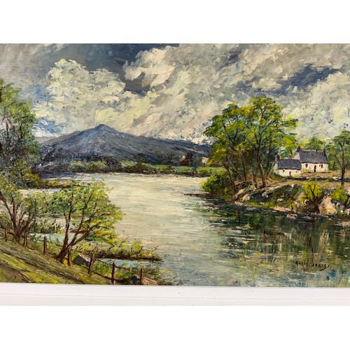 16 - 2 OILS ON BOARD, ONE INDISTINCTLY SIGNED, POSSIBLY M.COWIE DEPICTING RURAL SCENE WITH RIVER, MOUNTAI... 