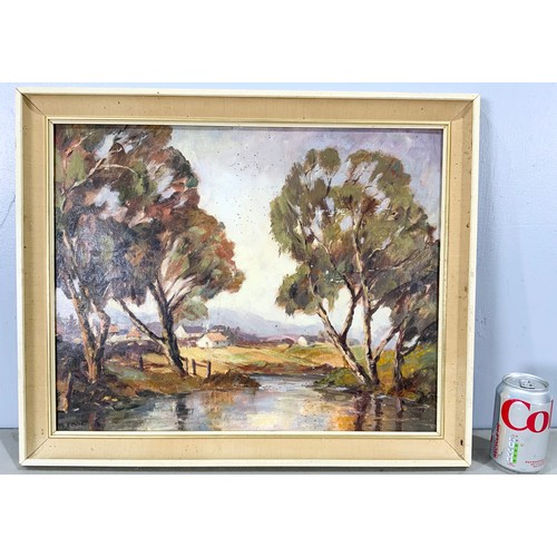 16 - 2 OILS ON BOARD, ONE INDISTINCTLY SIGNED, POSSIBLY M.COWIE DEPICTING RURAL SCENE WITH RIVER, MOUNTAI... 