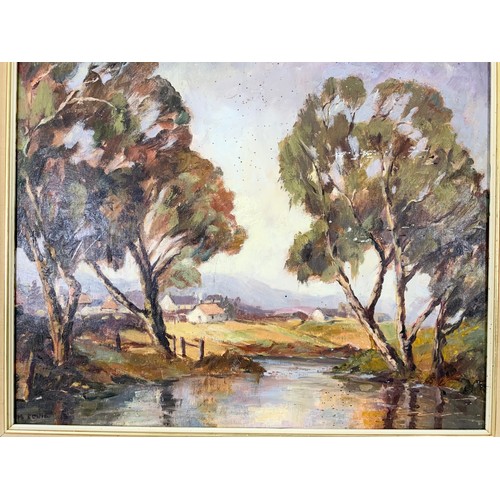 16 - 2 OILS ON BOARD, ONE INDISTINCTLY SIGNED, POSSIBLY M.COWIE DEPICTING RURAL SCENE WITH RIVER, MOUNTAI... 